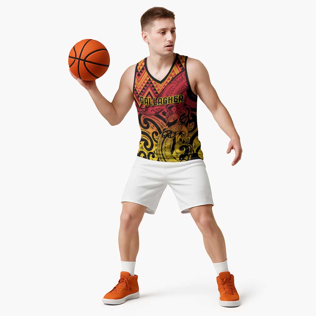 New Zealand Rangatira Custom Basketball Jersey Red and Gold Niho Taniwha Maori Tribal LT9 - Polynesian Pride