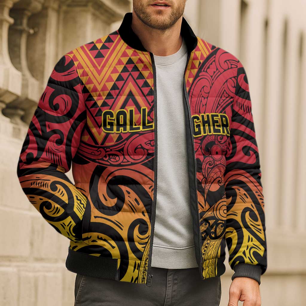 New Zealand Rangatira Custom Bomber Puffer Jacket Red and Gold Niho Taniwha Maori Tribal - Polynesian Pride