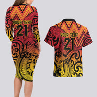 New Zealand Rangatira Custom Couples Matching Long Sleeve Bodycon Dress and Hawaiian Shirt Red and Gold Niho Taniwha Maori Tribal LT9 - Polynesian Pride