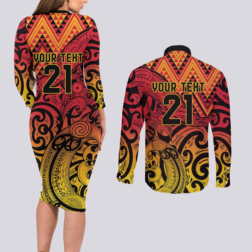 New Zealand Rangatira Custom Couples Matching Long Sleeve Bodycon Dress and Long Sleeve Button Shirt Red and Gold Niho Taniwha Maori Tribal LT9 - Polynesian Pride