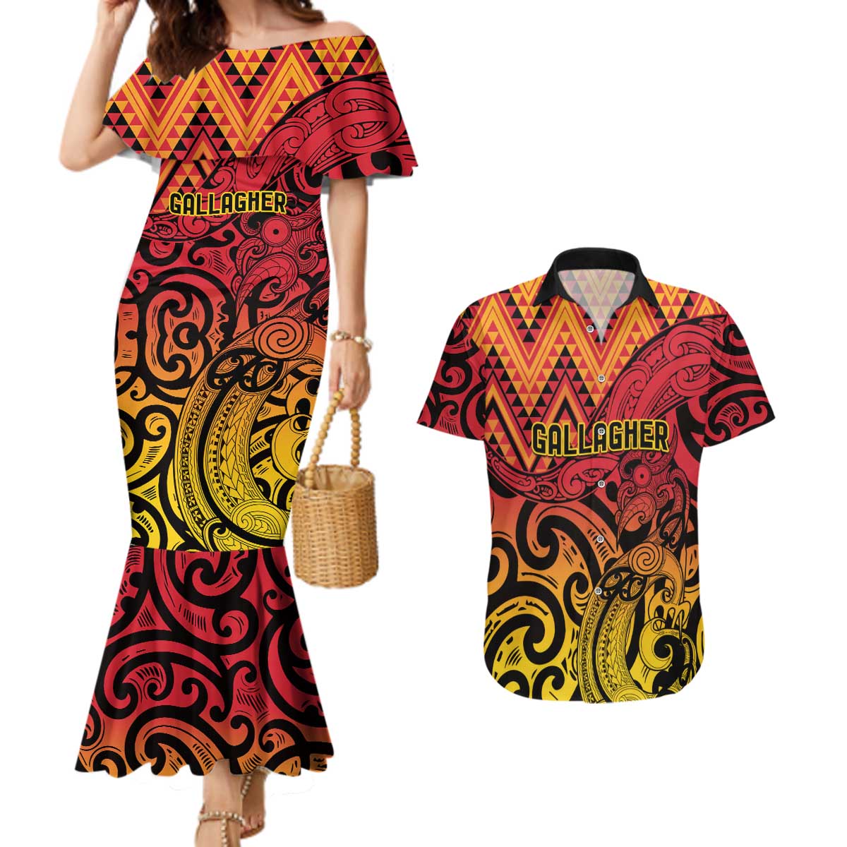 New Zealand Rangatira Custom Couples Matching Mermaid Dress and Hawaiian Shirt Red and Gold Niho Taniwha Maori Tribal LT9 Gold - Polynesian Pride