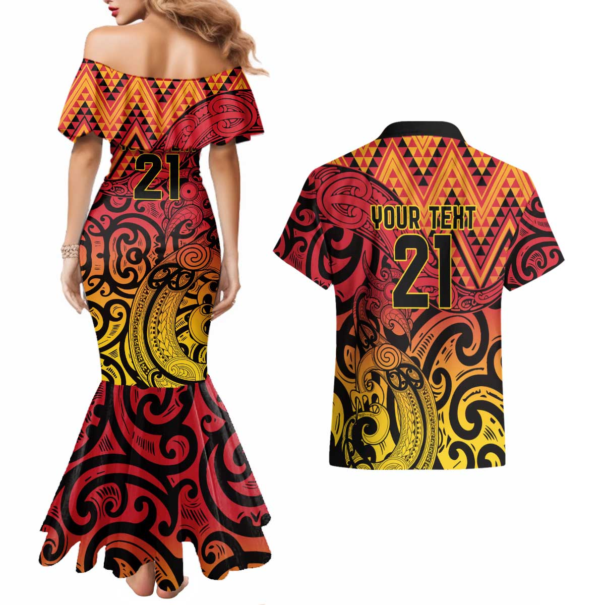 New Zealand Rangatira Custom Couples Matching Mermaid Dress and Hawaiian Shirt Red and Gold Niho Taniwha Maori Tribal LT9 - Polynesian Pride