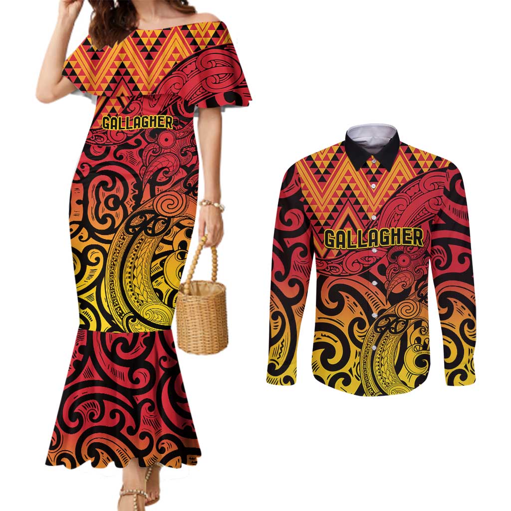 New Zealand Rangatira Custom Couples Matching Mermaid Dress and Long Sleeve Button Shirt Red and Gold Niho Taniwha Maori Tribal LT9 Gold - Polynesian Pride