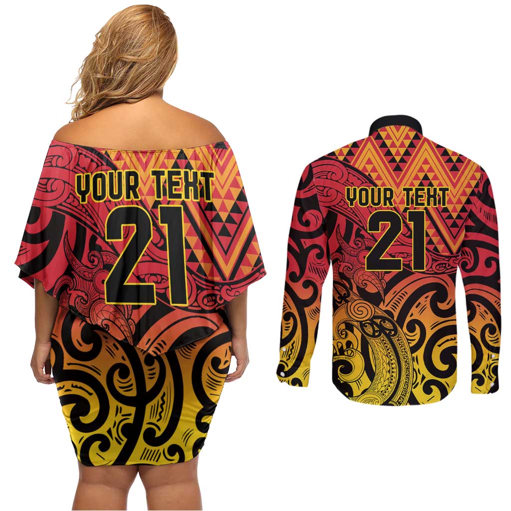 New Zealand Rangatira Custom Couples Matching Off Shoulder Short Dress and Long Sleeve Button Shirt Red and Gold Niho Taniwha Maori Tribal LT9 - Polynesian Pride
