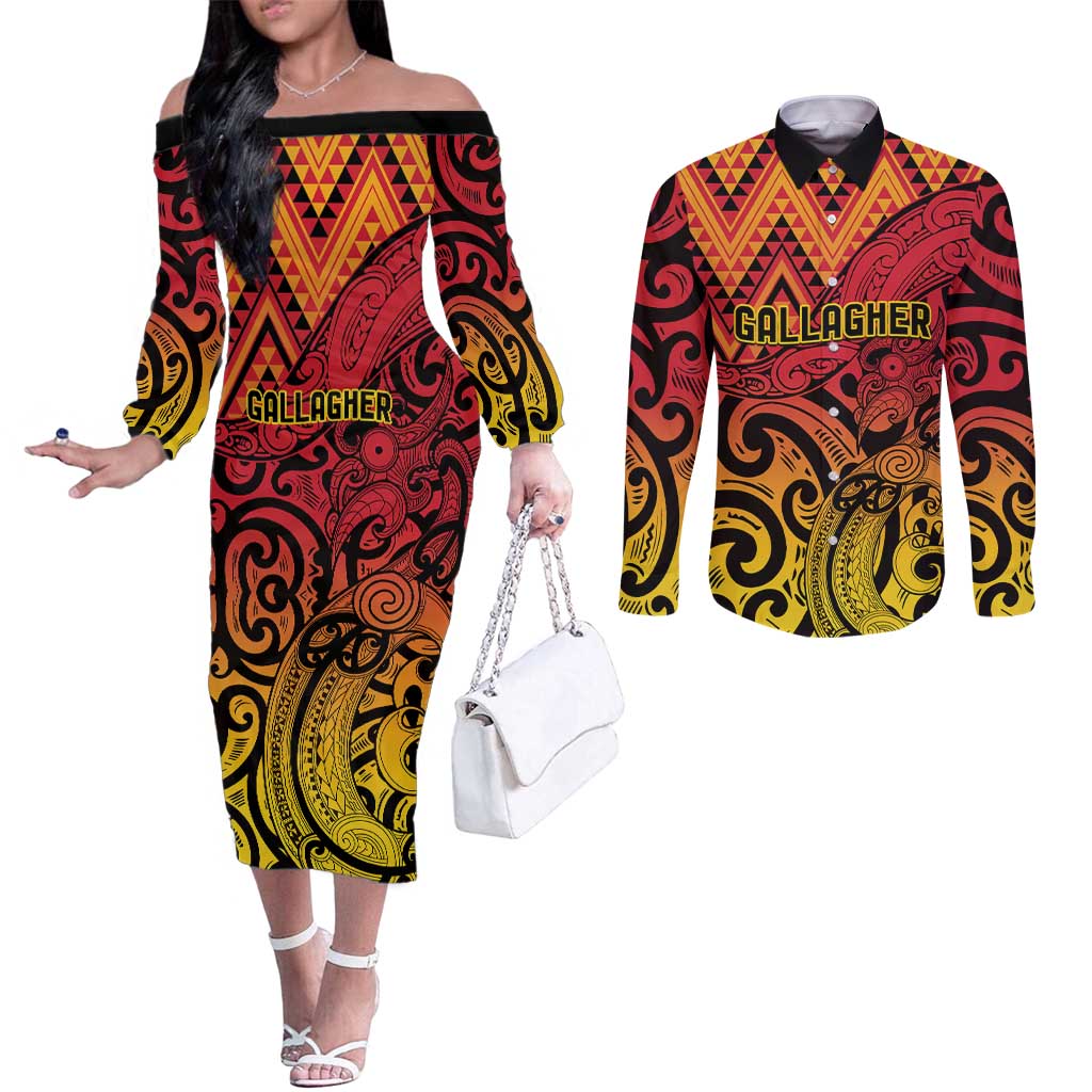 New Zealand Rangatira Custom Couples Matching Off The Shoulder Long Sleeve Dress and Long Sleeve Button Shirt Red and Gold Niho Taniwha Maori Tribal LT9 Gold - Polynesian Pride