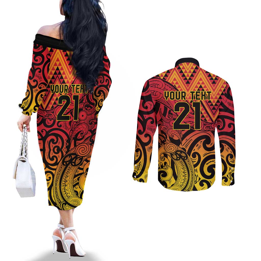 New Zealand Rangatira Custom Couples Matching Off The Shoulder Long Sleeve Dress and Long Sleeve Button Shirt Red and Gold Niho Taniwha Maori Tribal LT9 - Polynesian Pride