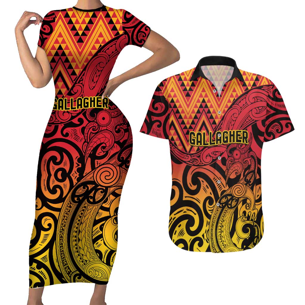 New Zealand Rangatira Custom Couples Matching Short Sleeve Bodycon Dress and Hawaiian Shirt Red and Gold Niho Taniwha Maori Tribal LT9 Gold - Polynesian Pride