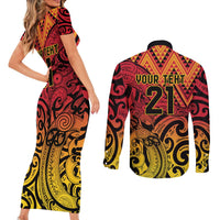 New Zealand Rangatira Custom Couples Matching Short Sleeve Bodycon Dress and Long Sleeve Button Shirt Red and Gold Niho Taniwha Maori Tribal LT9 - Polynesian Pride