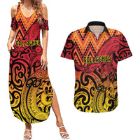 New Zealand Rangatira Custom Couples Matching Summer Maxi Dress and Hawaiian Shirt Red and Gold Niho Taniwha Maori Tribal LT9 Gold - Polynesian Pride
