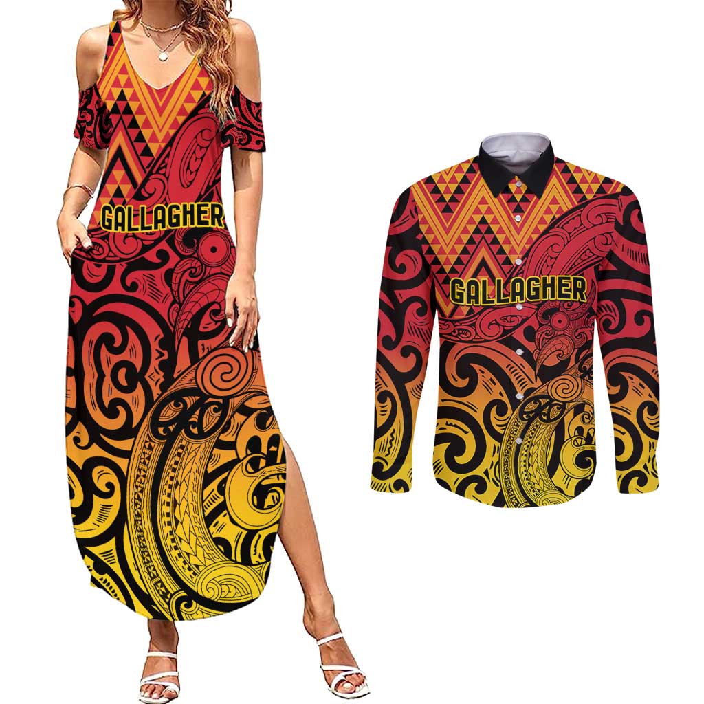 New Zealand Rangatira Custom Couples Matching Summer Maxi Dress and Long Sleeve Button Shirt Red and Gold Niho Taniwha Maori Tribal LT9 Gold - Polynesian Pride