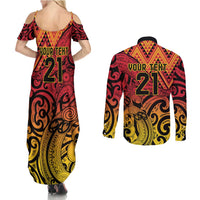 New Zealand Rangatira Custom Couples Matching Summer Maxi Dress and Long Sleeve Button Shirt Red and Gold Niho Taniwha Maori Tribal LT9 - Polynesian Pride