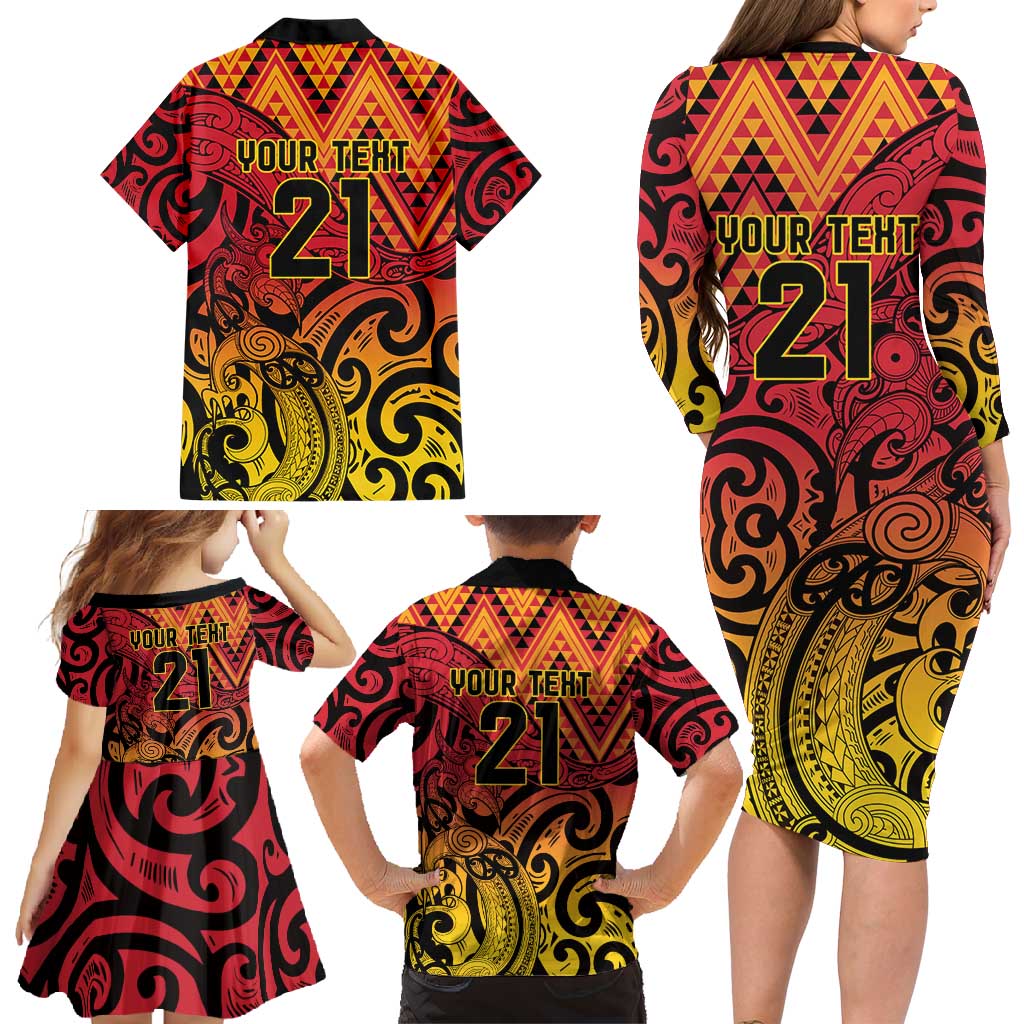 New Zealand Rangatira Custom Family Matching Long Sleeve Bodycon Dress and Hawaiian Shirt Red and Gold Niho Taniwha Maori Tribal LT9 - Polynesian Pride