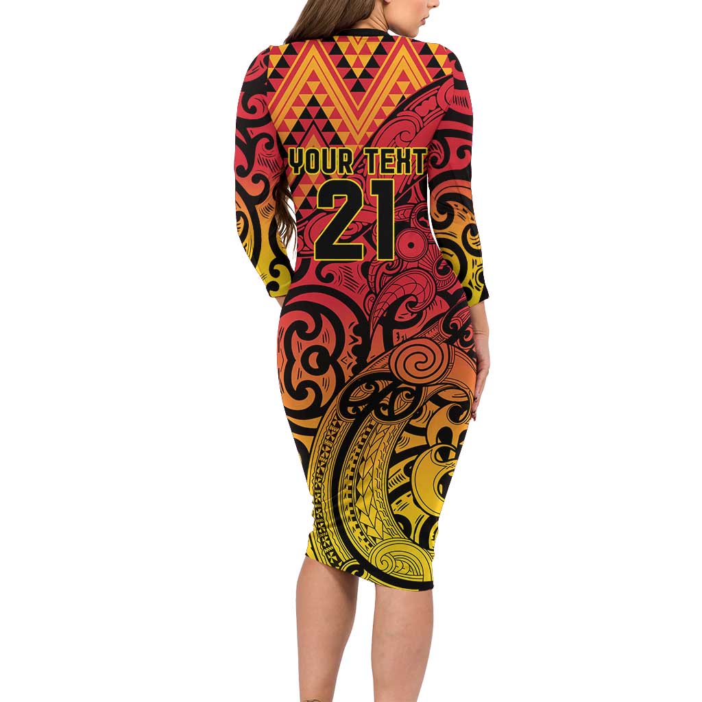 New Zealand Rangatira Custom Family Matching Long Sleeve Bodycon Dress and Hawaiian Shirt Red and Gold Niho Taniwha Maori Tribal LT9 - Polynesian Pride