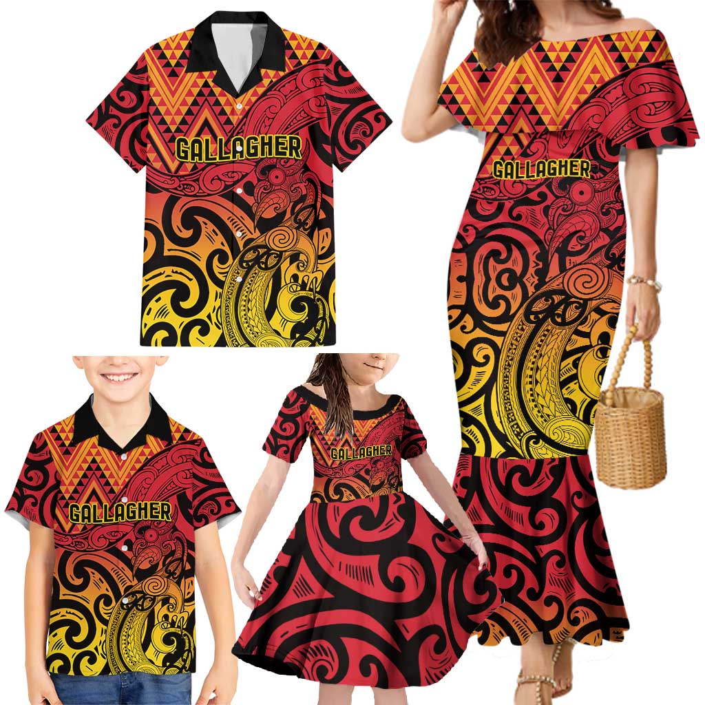 New Zealand Rangatira Custom Family Matching Mermaid Dress and Hawaiian Shirt Red and Gold Niho Taniwha Maori Tribal LT9 - Polynesian Pride