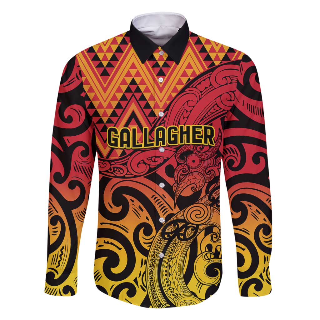 New Zealand Rangatira Custom Family Matching Mermaid Dress and Hawaiian Shirt Red and Gold Niho Taniwha Maori Tribal LT9 Dad's Shirt - Long Sleeve Gold - Polynesian Pride