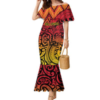 New Zealand Rangatira Custom Family Matching Mermaid Dress and Hawaiian Shirt Red and Gold Niho Taniwha Maori Tribal LT9 Mom's Dress Gold - Polynesian Pride