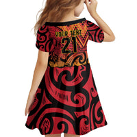 New Zealand Rangatira Custom Family Matching Off The Shoulder Long Sleeve Dress and Hawaiian Shirt Red and Gold Niho Taniwha Maori Tribal LT9 - Polynesian Pride