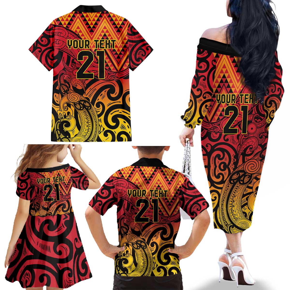 New Zealand Rangatira Custom Family Matching Off The Shoulder Long Sleeve Dress and Hawaiian Shirt Red and Gold Niho Taniwha Maori Tribal LT9 - Polynesian Pride