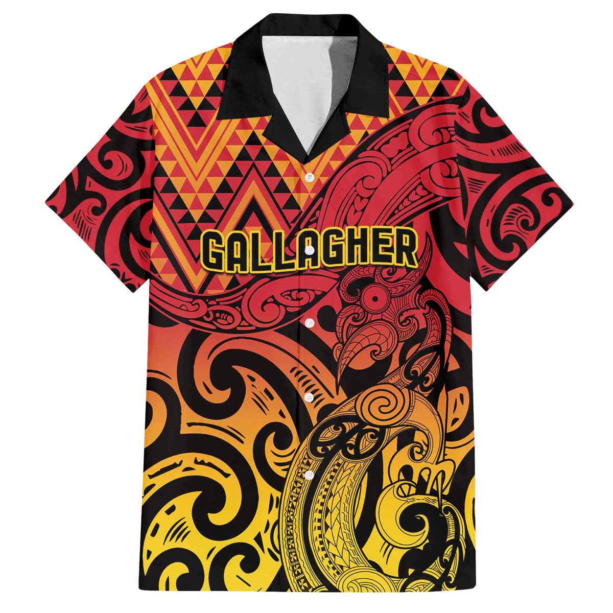 New Zealand Rangatira Custom Family Matching Off The Shoulder Long Sleeve Dress and Hawaiian Shirt Red and Gold Niho Taniwha Maori Tribal LT9 Dad's Shirt - Short Sleeve Gold - Polynesian Pride