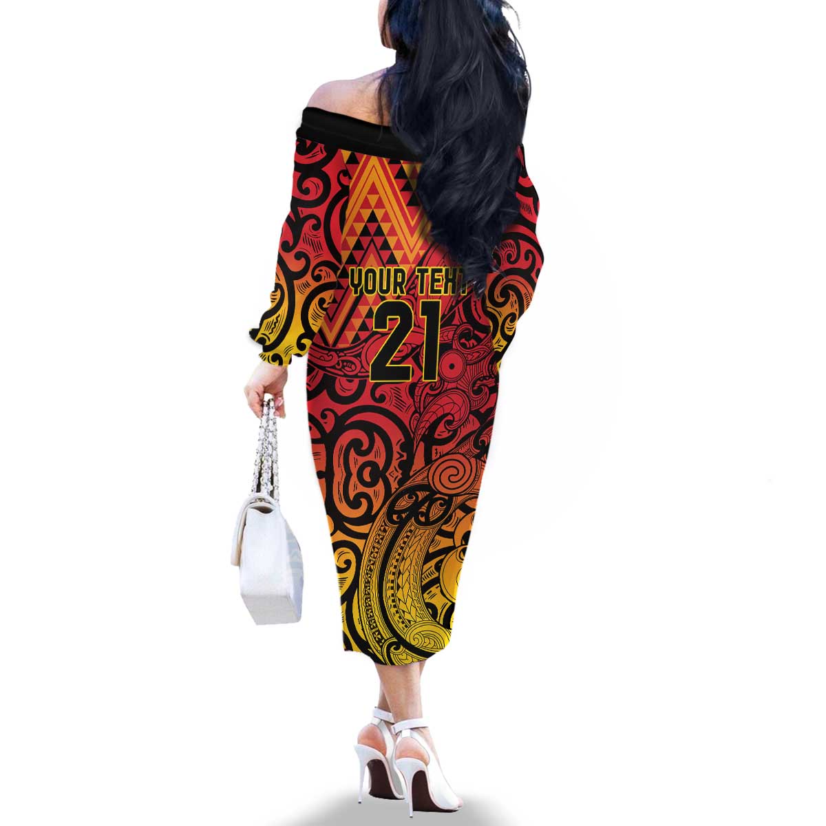 New Zealand Rangatira Custom Family Matching Off The Shoulder Long Sleeve Dress and Hawaiian Shirt Red and Gold Niho Taniwha Maori Tribal LT9 - Polynesian Pride