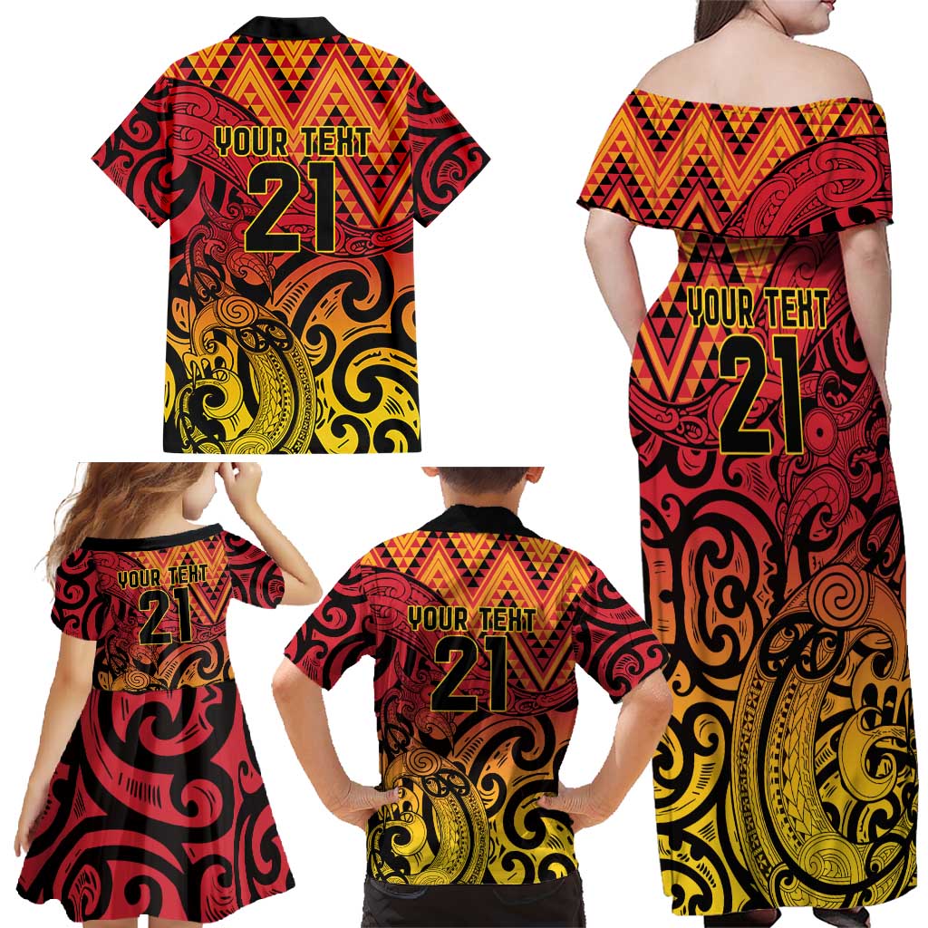 New Zealand Rangatira Custom Family Matching Off Shoulder Maxi Dress and Hawaiian Shirt Red and Gold Niho Taniwha Maori Tribal