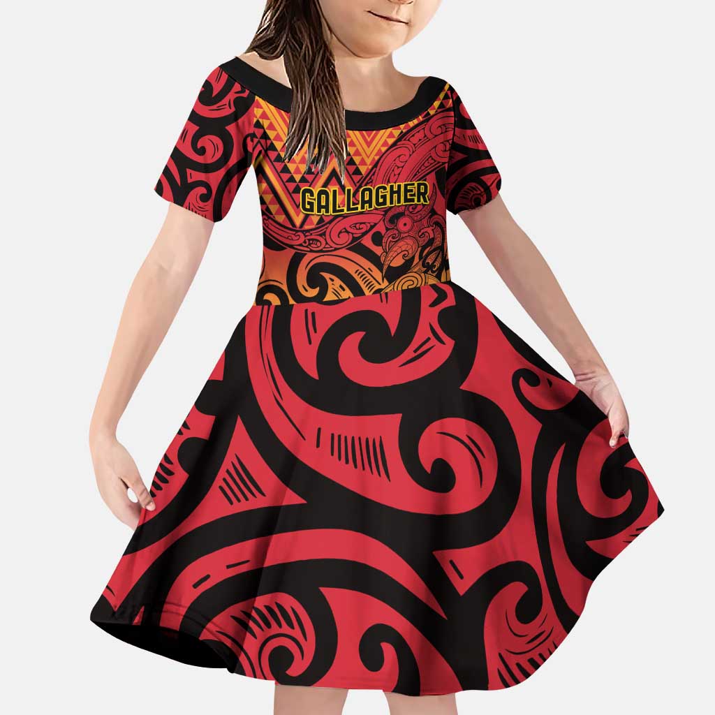 New Zealand Rangatira Custom Family Matching Puletasi and Hawaiian Shirt Red and Gold Niho Taniwha Maori Tribal LT9 Daughter's Dress Gold - Polynesian Pride
