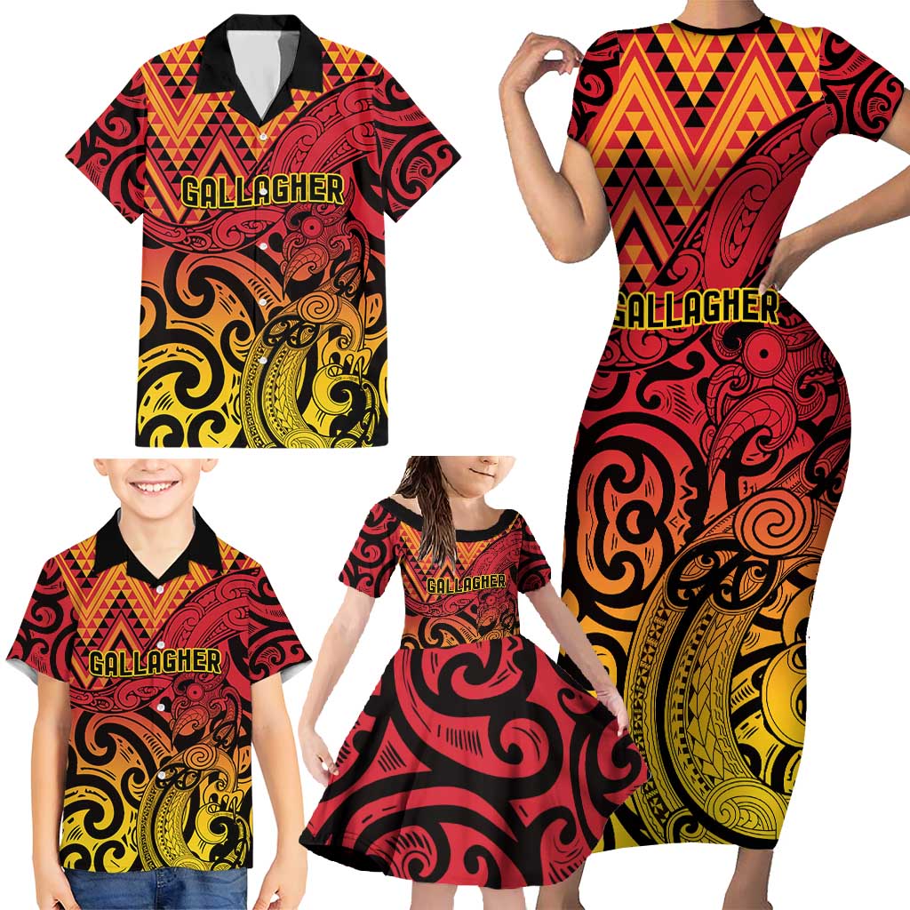 New Zealand Rangatira Custom Family Matching Short Sleeve Bodycon Dress and Hawaiian Shirt Red and Gold Niho Taniwha Maori Tribal LT9 - Polynesian Pride