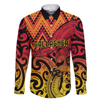 New Zealand Rangatira Custom Family Matching Short Sleeve Bodycon Dress and Hawaiian Shirt Red and Gold Niho Taniwha Maori Tribal LT9 Dad's Shirt - Long Sleeve Gold - Polynesian Pride