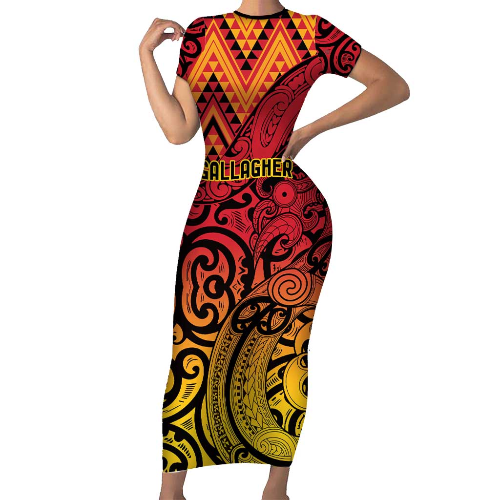 New Zealand Rangatira Custom Family Matching Short Sleeve Bodycon Dress and Hawaiian Shirt Red and Gold Niho Taniwha Maori Tribal LT9 Mom's Dress Gold - Polynesian Pride
