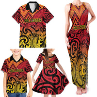 New Zealand Rangatira Custom Family Matching Tank Maxi Dress and Hawaiian Shirt Red and Gold Niho Taniwha Maori Tribal