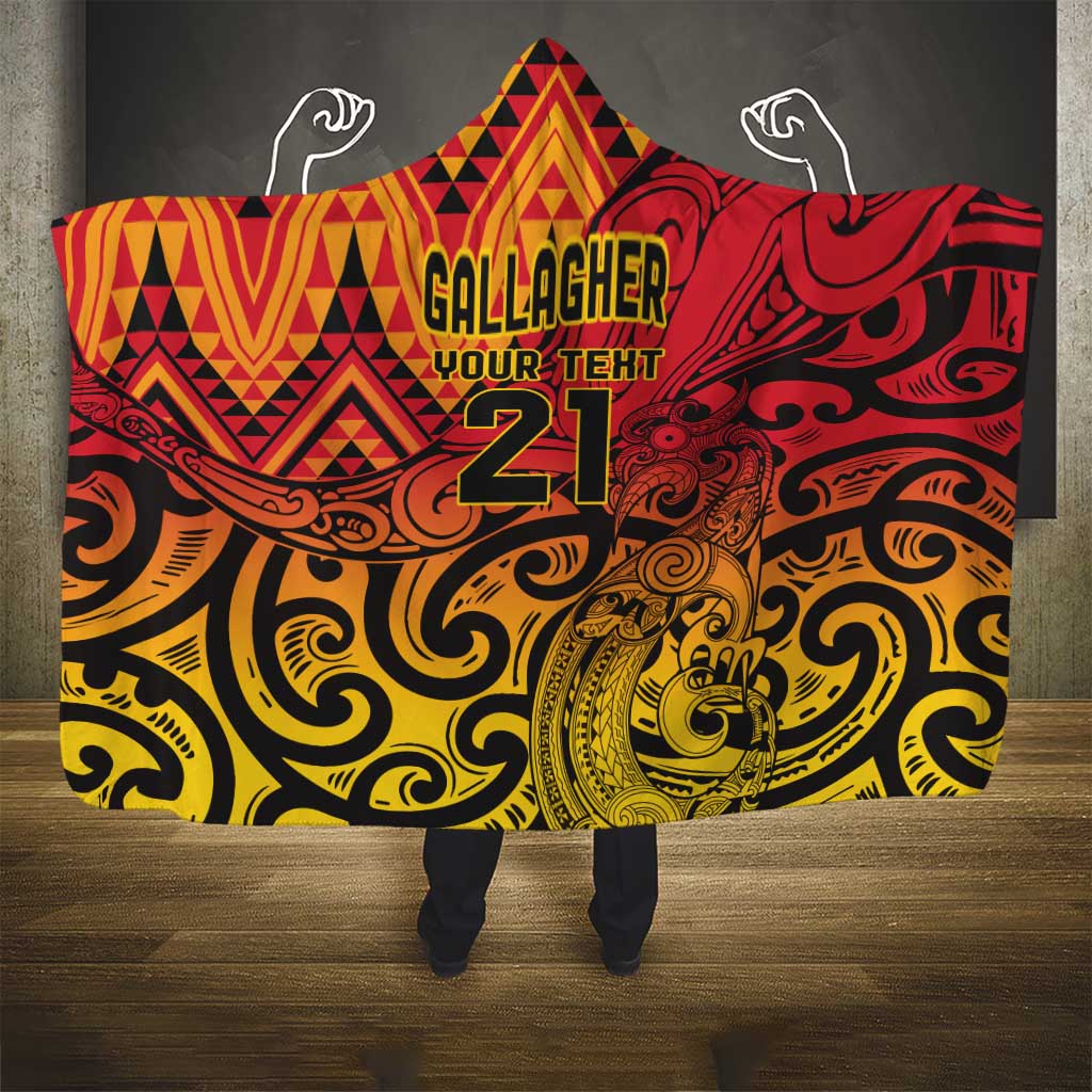 New Zealand Rangatira Custom Hooded Blanket Red and Gold Niho Taniwha Maori Tribal