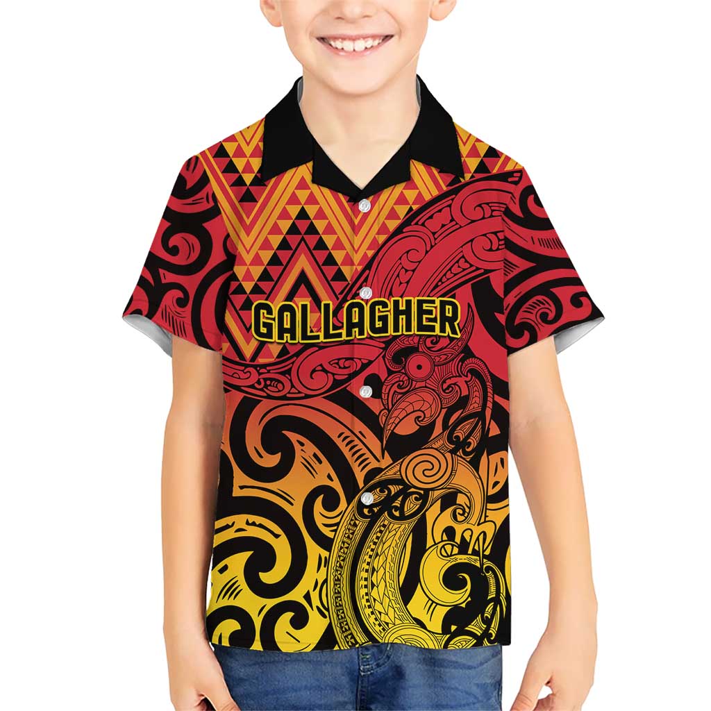 New Zealand Rangatira Custom Kid Hawaiian Shirt Red and Gold Niho Taniwha Maori Tribal