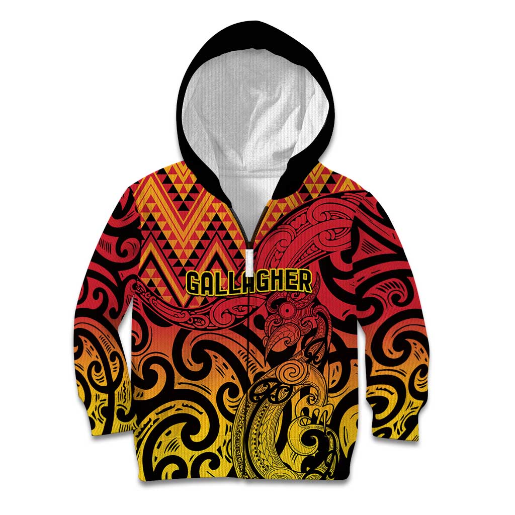 New Zealand Rangatira Custom Kid Hoodie Red and Gold Niho Taniwha Maori Tribal