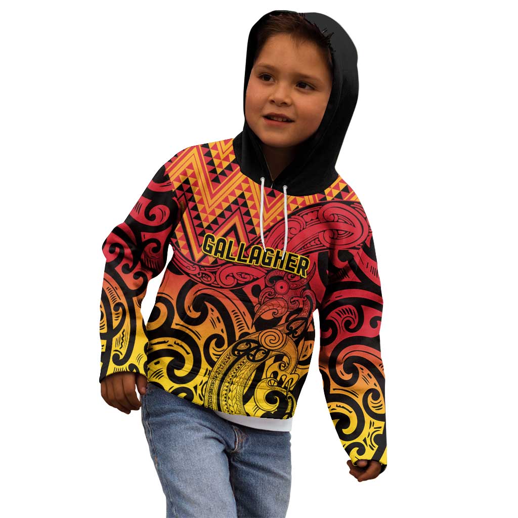 New Zealand Rangatira Custom Kid Hoodie Red and Gold Niho Taniwha Maori Tribal
