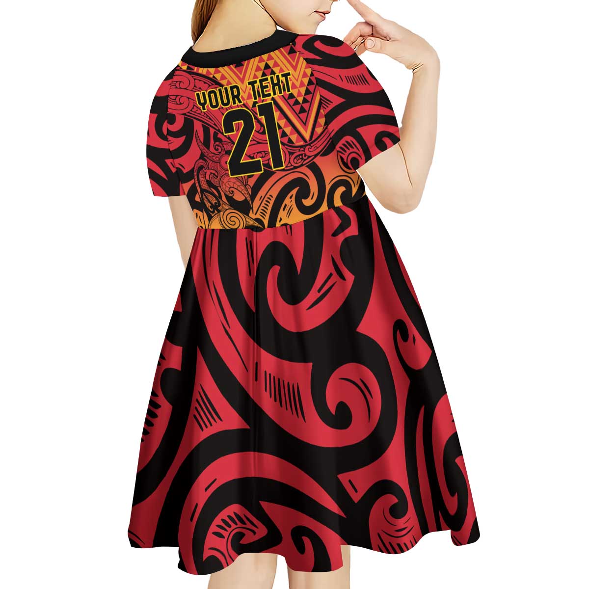 New Zealand Rangatira Custom Kid Short Sleeve Dress Red and Gold Niho Taniwha Maori Tribal