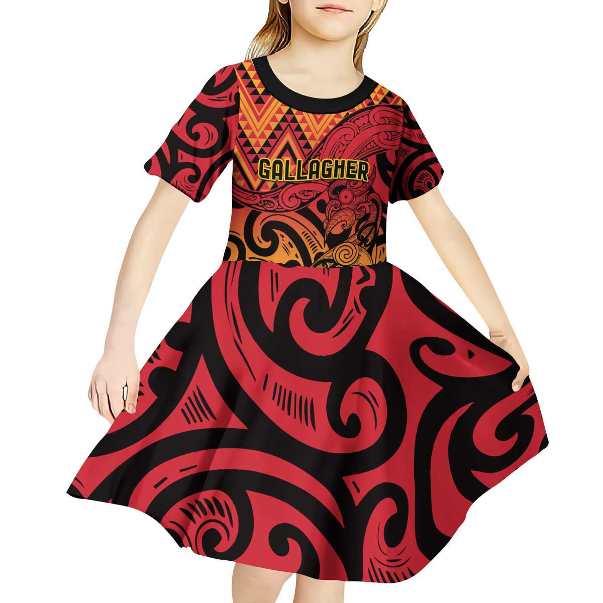 New Zealand Rangatira Custom Kid Short Sleeve Dress Red and Gold Niho Taniwha Maori Tribal