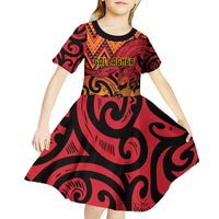New Zealand Rangatira Custom Kid Short Sleeve Dress Red and Gold Niho Taniwha Maori Tribal