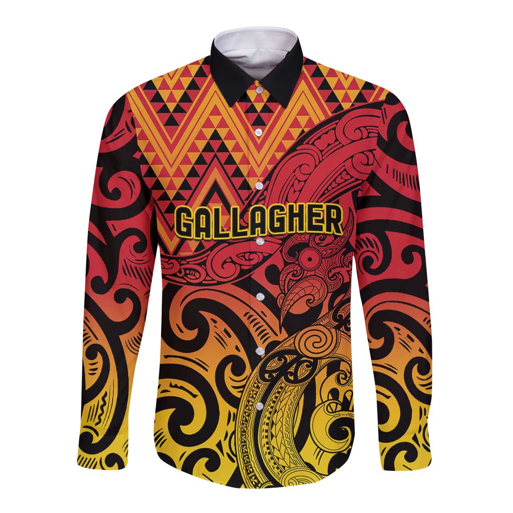 New Zealand Rangatira Custom Long Sleeve Button Shirt Red and Gold Niho Taniwha Maori Tribal