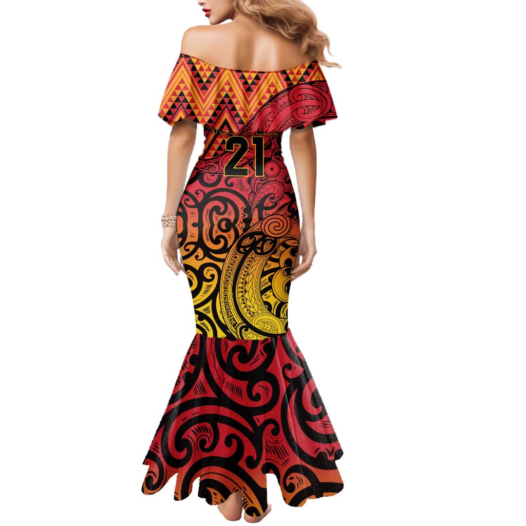 New Zealand Rangatira Custom Mermaid Dress Red and Gold Niho Taniwha Maori Tribal