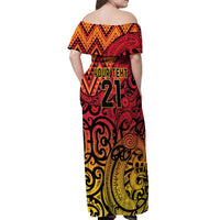 New Zealand Rangatira Custom Off Shoulder Maxi Dress Red and Gold Niho Taniwha Maori Tribal