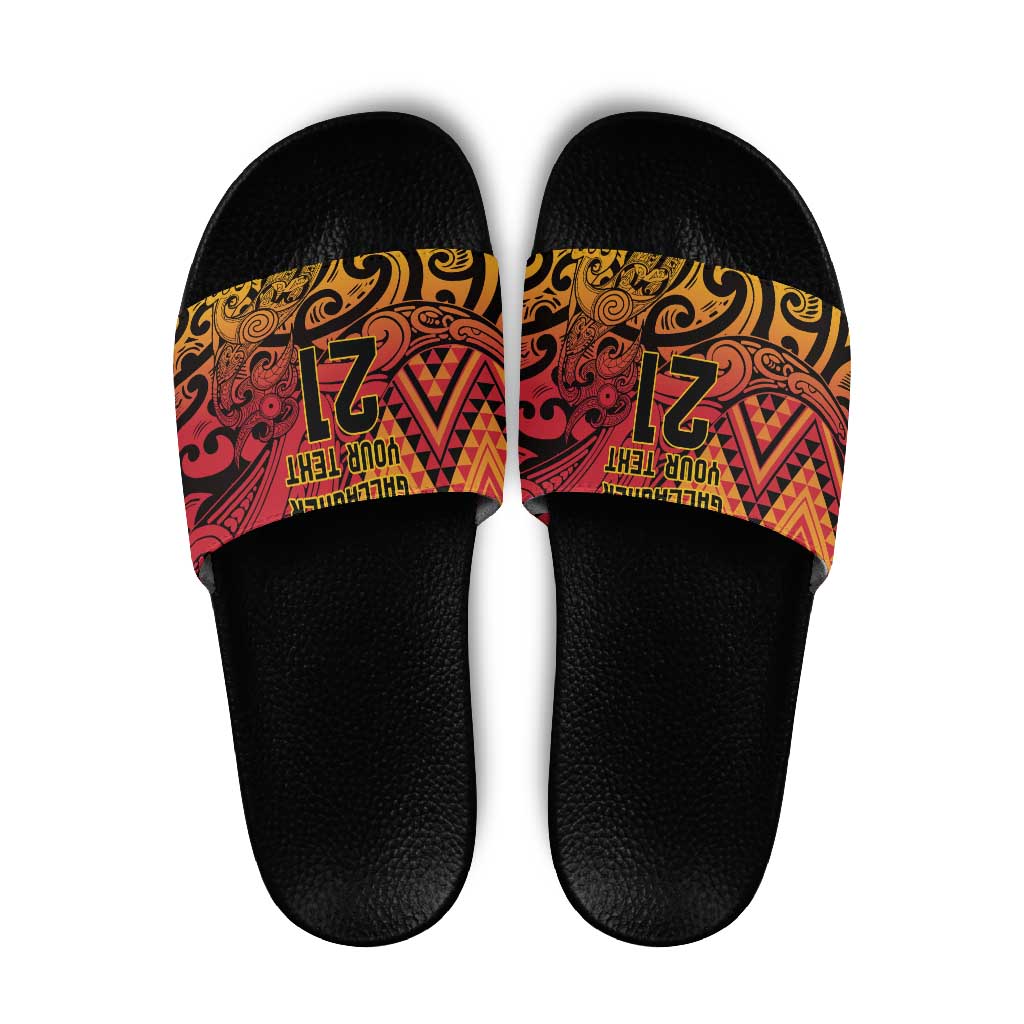 New Zealand Rangatira Custom Slide Sandals Red and Gold Niho Taniwha Maori Tribal - Polynesian Pride