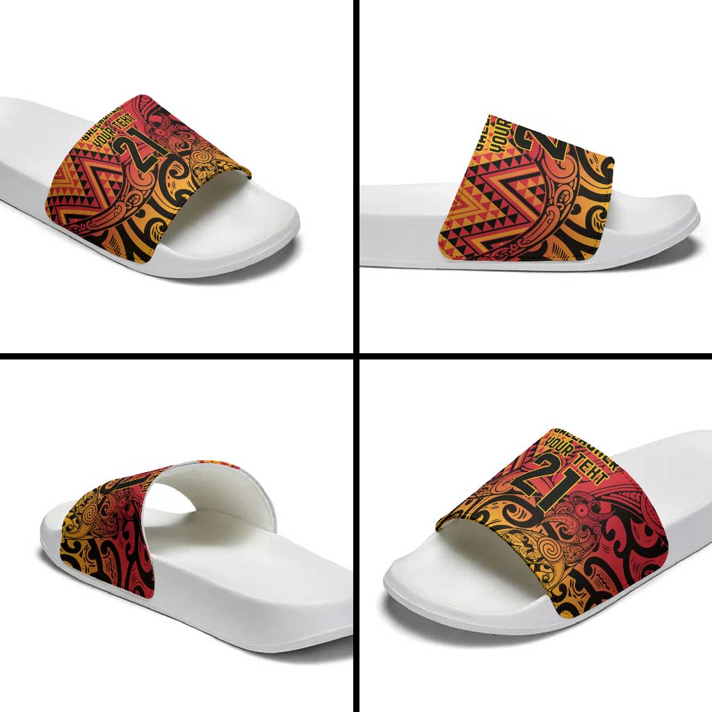 New Zealand Rangatira Custom Slide Sandals Red and Gold Niho Taniwha Maori Tribal - Polynesian Pride