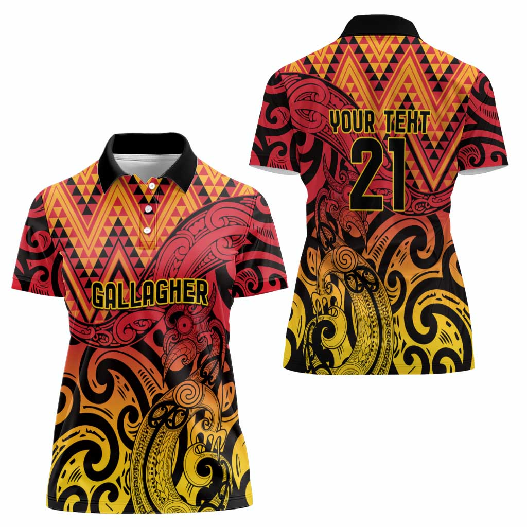 New Zealand Rangatira Custom Women Polo Shirt Red and Gold Niho Taniwha Maori Tribal