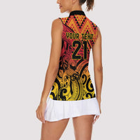 New Zealand Rangatira Custom Women Sleeveless Polo Shirt Red and Gold Niho Taniwha Maori Tribal