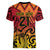 New Zealand Rangatira Custom Women V-Neck T-Shirt Red and Gold Niho Taniwha Maori Tribal