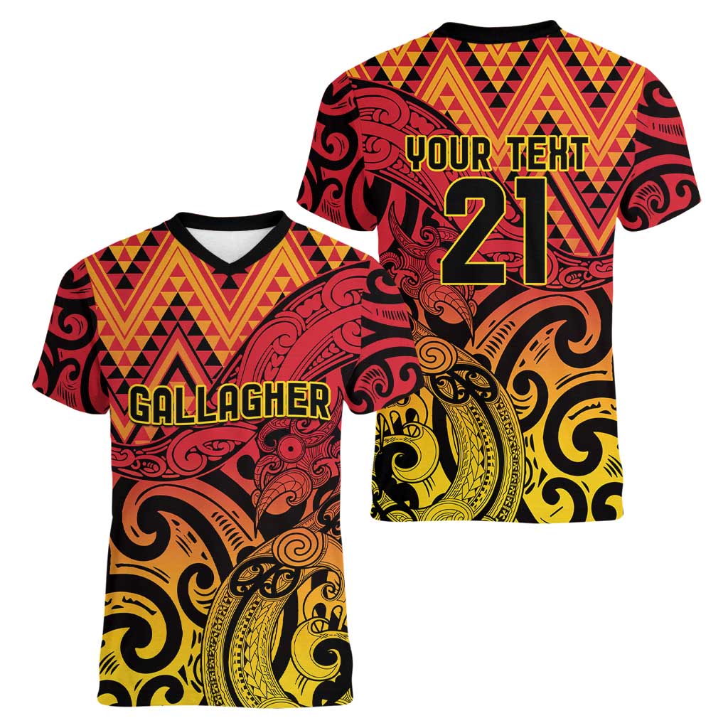 New Zealand Rangatira Custom Women V-Neck T-Shirt Red and Gold Niho Taniwha Maori Tribal