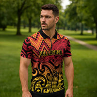 New Zealand Rangatira Custom Zipper Polo Shirt Red and Gold Niho Taniwha Maori Tribal - Polynesian Pride