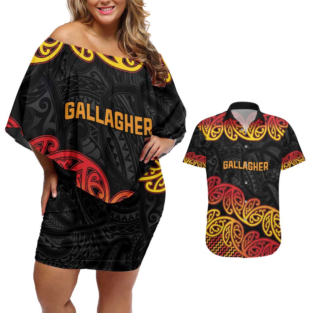 New Zealand Rugby Pacific Custom Couples Matching Off Shoulder Short Dress and Hawaiian Shirt Rangatira Maori Kowhaiwhai Pattern LT9 Gold - Polynesian Pride