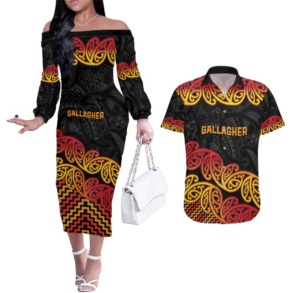 New Zealand Rugby Pacific Custom Couples Matching Off The Shoulder Long Sleeve Dress and Hawaiian Shirt Rangatira Maori Kowhaiwhai Pattern LT9 Gold - Polynesian Pride
