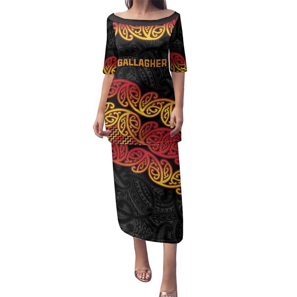 New Zealand Rugby Pacific Custom Family Matching Puletasi and Hawaiian Shirt Rangatira Maori Kowhaiwhai Pattern LT9 Mom's Dress Gold - Polynesian Pride